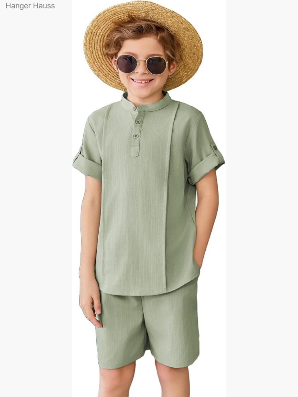 Boys 2 Piece Linen Short Sleeve Henley Shirt and Shorts Set Summer Beach Outfit